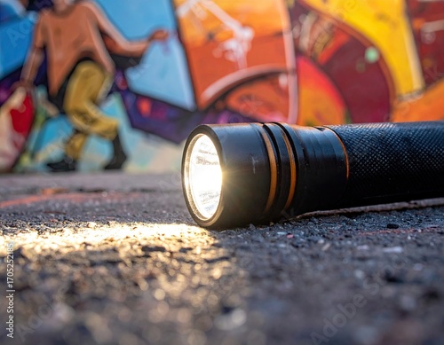 Black Flashlight on Grungy Urban Rooftop with Graffiti