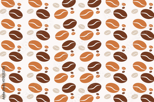 A simple and clean pattern of coffee beans in various shades of brown and beige, creating a repeating design suitable for coffee-related branding or backgrounds.