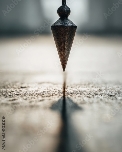 Rusty Metal Plumb Bob Hanging Vertically Over Textured Ground