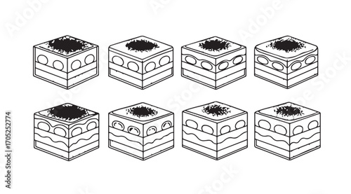 Eight isometric cubes with layered designs and textured tops silhouette