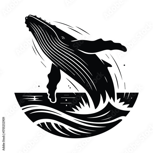 Majestic Humpback Whale Breaching the Ocean Surface Silhouette Illustration on Light Background
