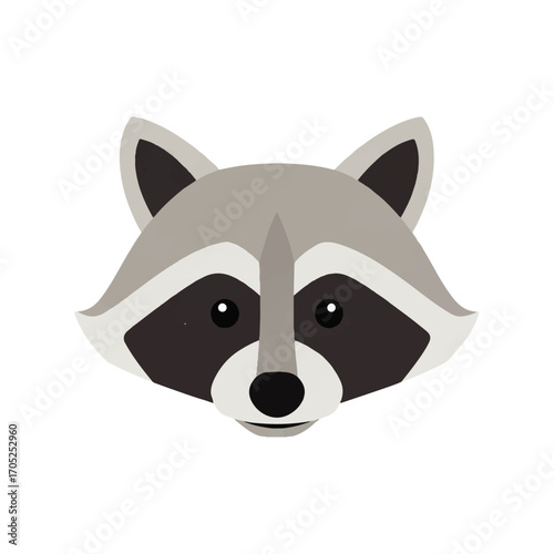 Stylized flat vector illustration of a cute raccoon head. A minimalist wildlife animal portrait icon isolated on a white background