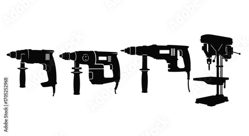 Collection of power drill silhouettes on white background