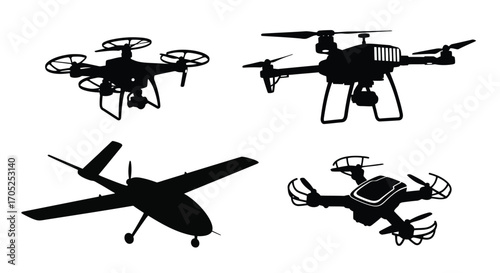 Collection of four distinct drone silhouettes silhouette