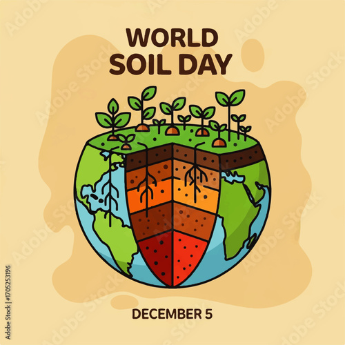 Vector illustration of a globe cross-section with detailed soil layers and young plants, representing ecology and agriculture concepts