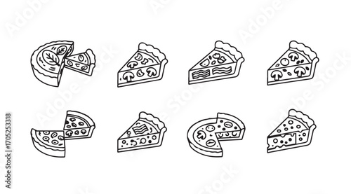 Collection of hand drawn pizza slices in a distinctive silhouette style