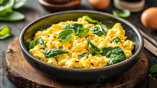 Healthy breakfast scrambled eggs with organic spinach