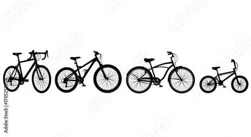 Collection of bicycles of various sizes in silhouette style