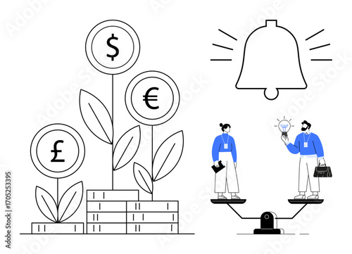 Currency plants growing from coins, people balanced with an idea, and notification bell. Ideal for finance, investment, growth, teamwork, innovation decision-making notifications. Simple flat