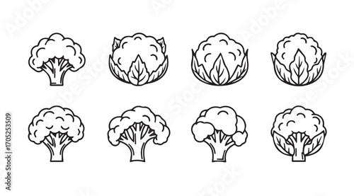 Collection of various broccoli and artichoke vegetable silhouettes