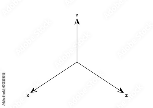 Simple three dimensional coordinate system with XYZ axes diagram. Coordinate plane with labeled X, Y, and Z