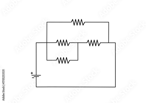 Electrical circuit diagram with resistors in series and parallel configuration. Schematic of an electronic circuit with multiple resistors and a battery