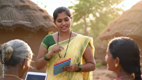 Indian woman showing tablets to two people in rural village, digital technology and education concept.