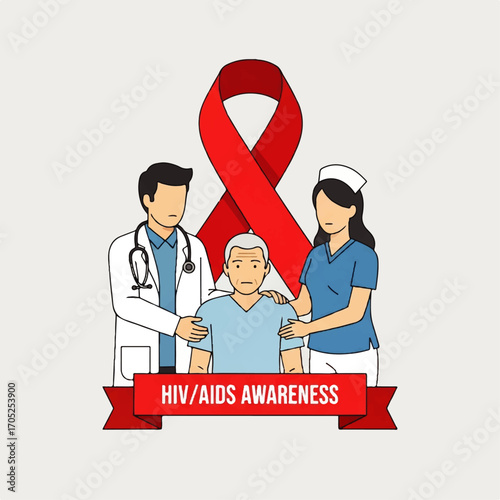 Compassionate healthcare team supporting an elderly patient with a red ribbon, symbolizing HIV and AIDS awareness in a vector illustration