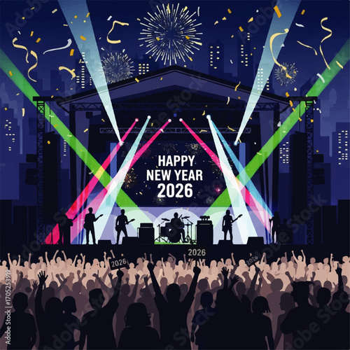 A jubilant crowd celebrates New Year's Eve 2026 at a vibrant outdoor concert with a band, bright lights, and festive fireworks