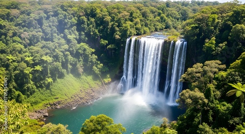 Tropical Waterfall Cascading into Lush Green Forest.