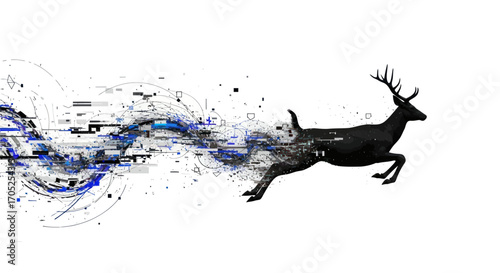 Digital fragmentation of a leaping deer artwork with glitching aesthetic visual elements