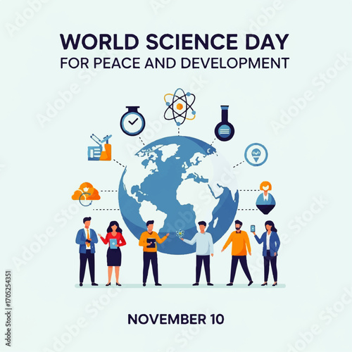 Diverse team of scientists collaborating on global research with technology icons. Vector illustration for innovation, peace, and development