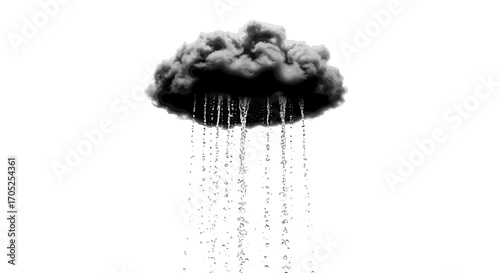 Dramatic dark cloudburst raining down with heavy pouring drops against white background