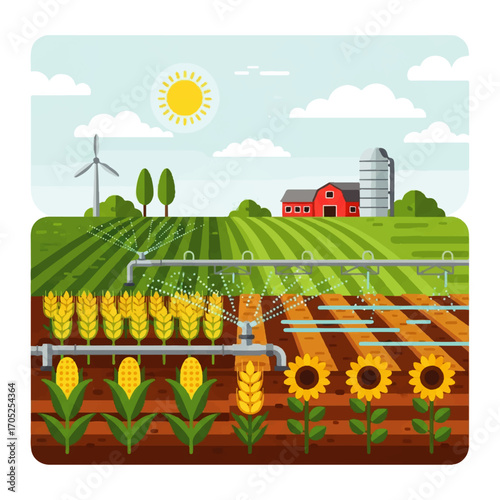 Vector illustration of a modern agricultural landscape with an automated irrigation system watering fields of various crops