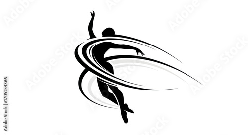 Dynamic ballet dancer silhouette with abstract swirling design expressive movement