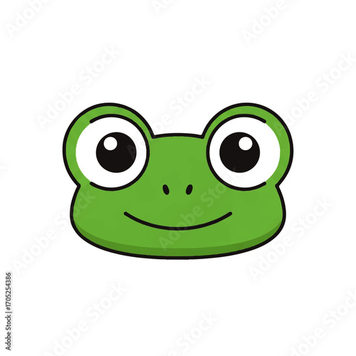A cute green frog face with a happy smile. Vector illustration of a friendly cartoon amphibian character isolated on a white background