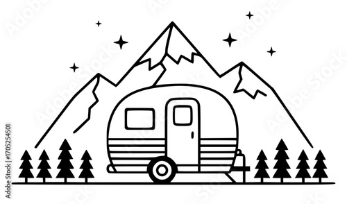 Minimalist Trailer in Mountains with Stars, Camper SVG, Mountain SVG, Adventure SVG, Camping SVG