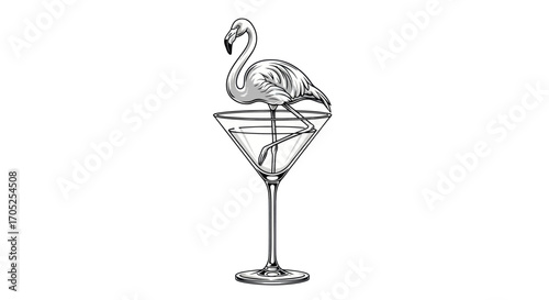 Elegant monochrome illustration: a flamingo perched gracefully in a martini glass creating a
