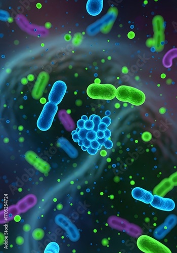 Colorful microscopic bacteria and cells on abstract dark background for scientific and educational design