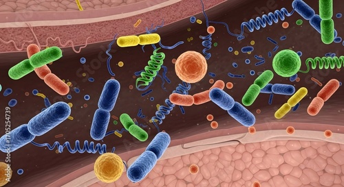 Colorful microbial diversity in human gut bacteria and viruses depiction for educational and scientific use