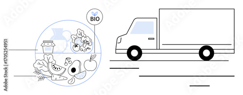 Organic fruits, vegetables, dairy, and eco-labeled products ready for delivery by a truck. Ideal for sustainability, eco-commerce, food logistics, healthy living, organic farming transportation