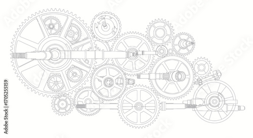 Intricate system of interlocking gears presented in a technical blueprint style illustration
