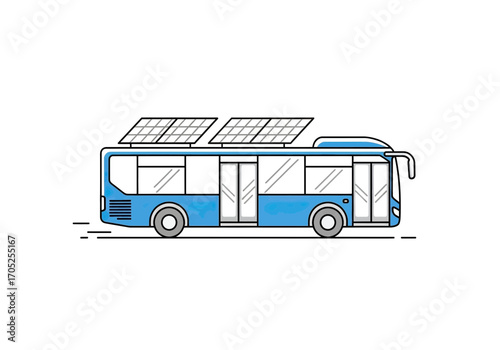 Modern blue bus with solar panels driving forward, showcasing eco-friendly transport technology