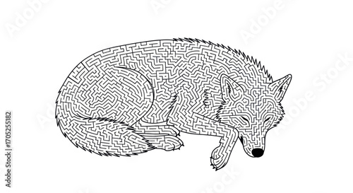 Intricate wolf maze design crafted with labyrinthine pathways on a clean white background