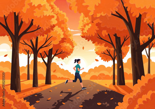 Vibrant woman enjoys invigorating autumn run through colorful tree-lined park path at sunrise