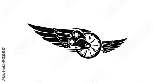 Modern emblem displaying wheel accompanied by striking wings conveying motion and velocity