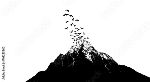 Mountain peak silhouette with birds soaring upwards creating an evocative monochrome scene