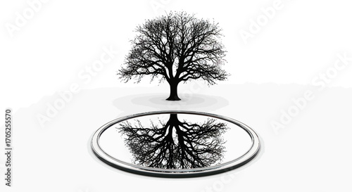 Monochrome surrealism showcases the stark beauty of nature's reflection within a circular mirror