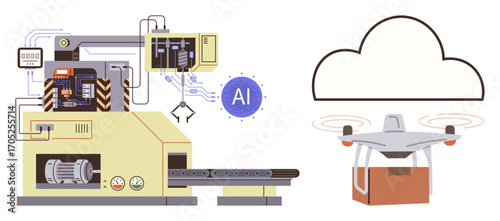 Factory machine powered by AI connected to a cloud system, automating quadcopter parcel delivery. Ideal for technology, AI, innovation, logistics, smart manufacturing, cloud computing, simple flat