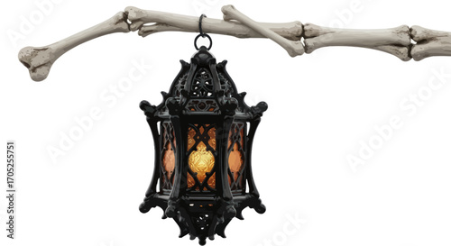 Ornate gothic lantern suspended from bones creates a macabre decorative aesthetic