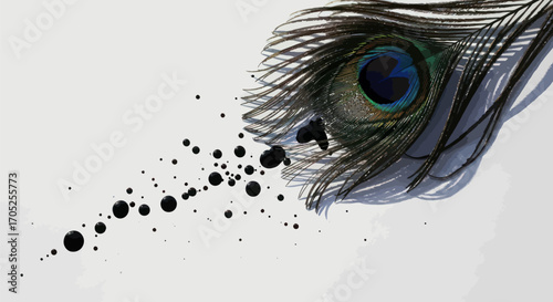 Peacock feather with mesmerizing eye pattern and splatters of black ink on clean backdrop