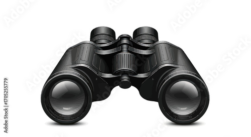 Precision optics: A pair of sleek black binoculars against a clean white backdrop showcasing