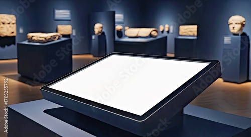 Interactive Museum Exhibit Touchscreen Mockup Elegant Dimly Lit Gallery Digital Display