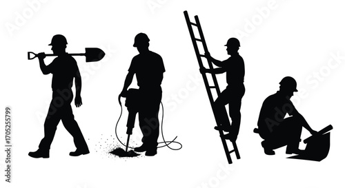 Construction workers in silhouette engaged in various tasks silhouette