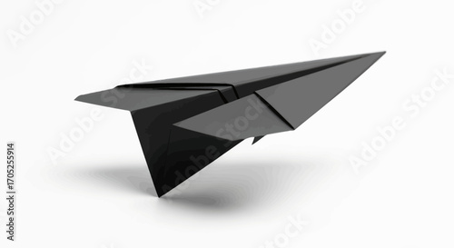 Sleek obsidian paper airplane poised for launch against a pristine white backdrop