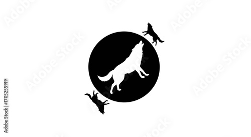 Silhouette of wolves howling at the moon conveys a sense of wilderness and mystery