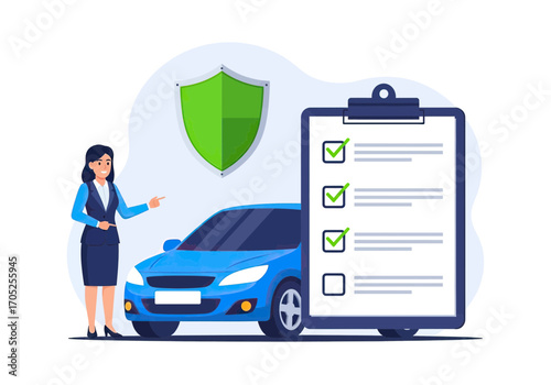 Confident agent secures blue car deal with policy checklist and shield protection