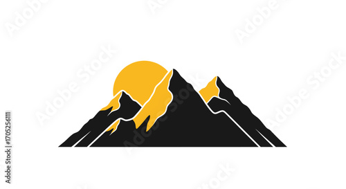Stylized mountain range with a rising sun, evoking adventure and scenic vistas with geometric forms