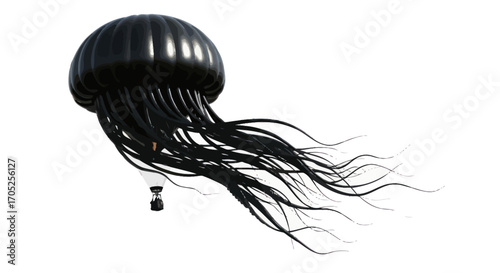Surreal aerial voyage a hot air balloon morphs into a giant black jellyfish form drifting above