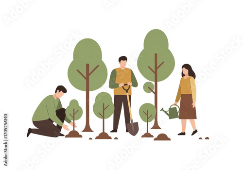 Team planting trees together for environmental sustainability and a greener future